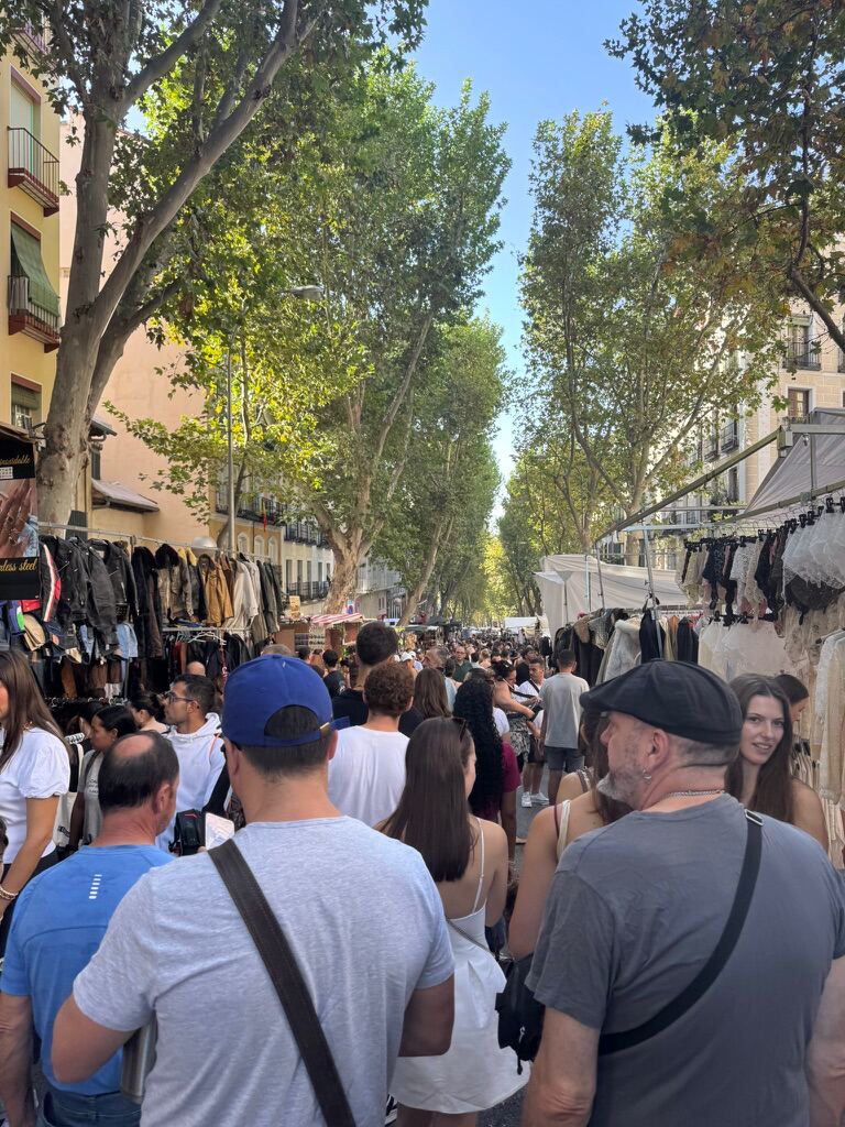 Die volle Gasse des Rastro unter Platanen